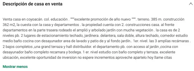 Ejemplo de anuncio de venta de casa